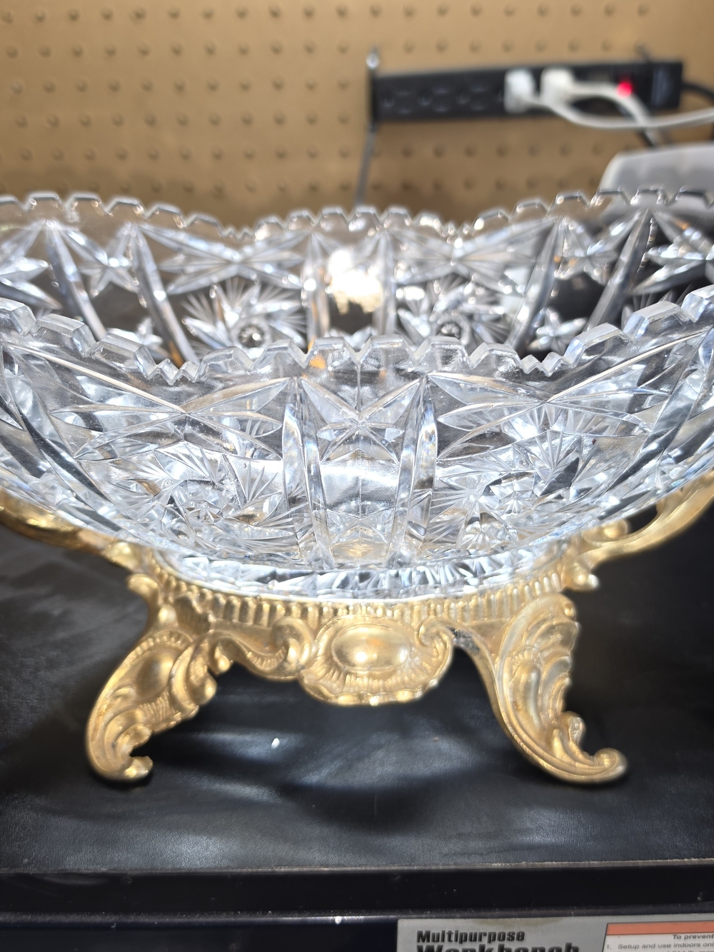 Cut Crystal Serving Bowl with Ornate Gold Tone Base